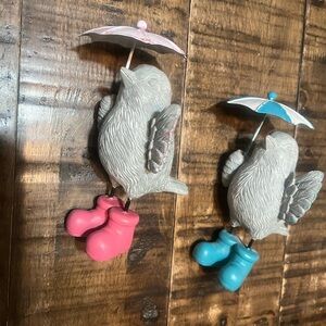 Gray Bird Figurines with Pink and Blue Accents